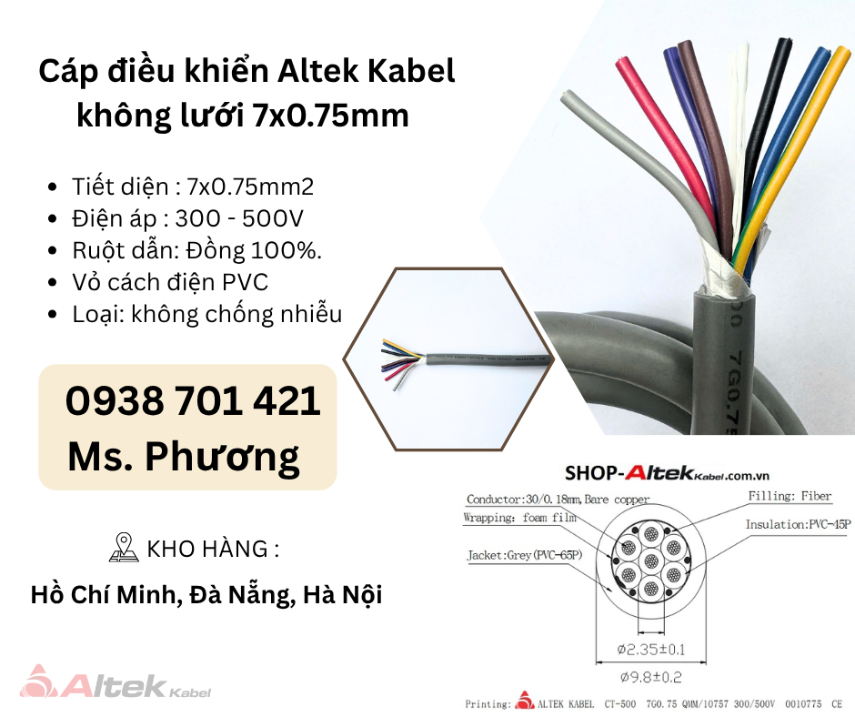 Cáp điều khiển Altek Kabel không lưới 7x0.75mm Đà Nẵng, Hà Nội, Hồ Chí Minh